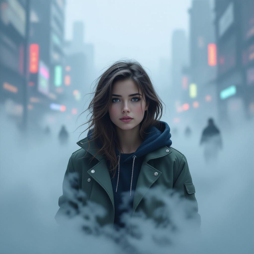 Woman in Swirling Mist: A Digital Art Fusion