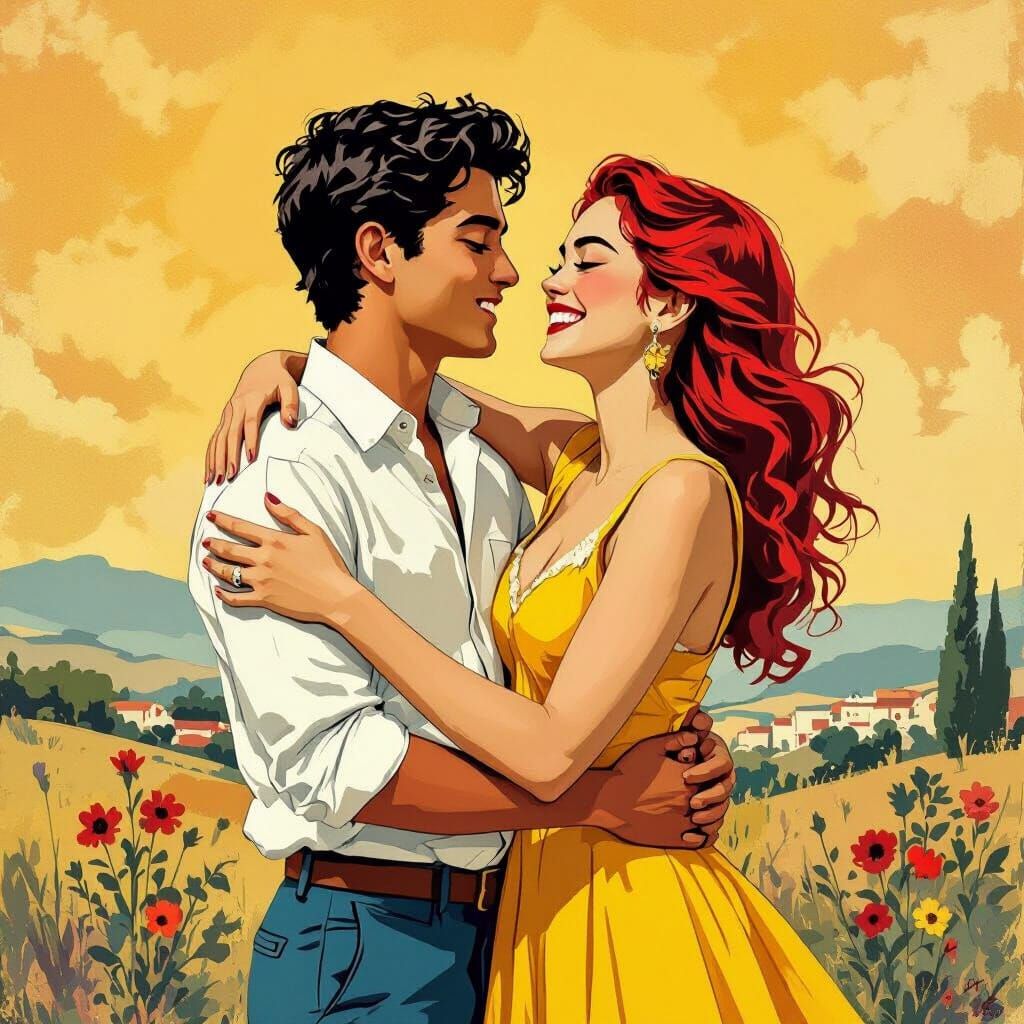 Happy Couple Embracing in Vibrant Colors