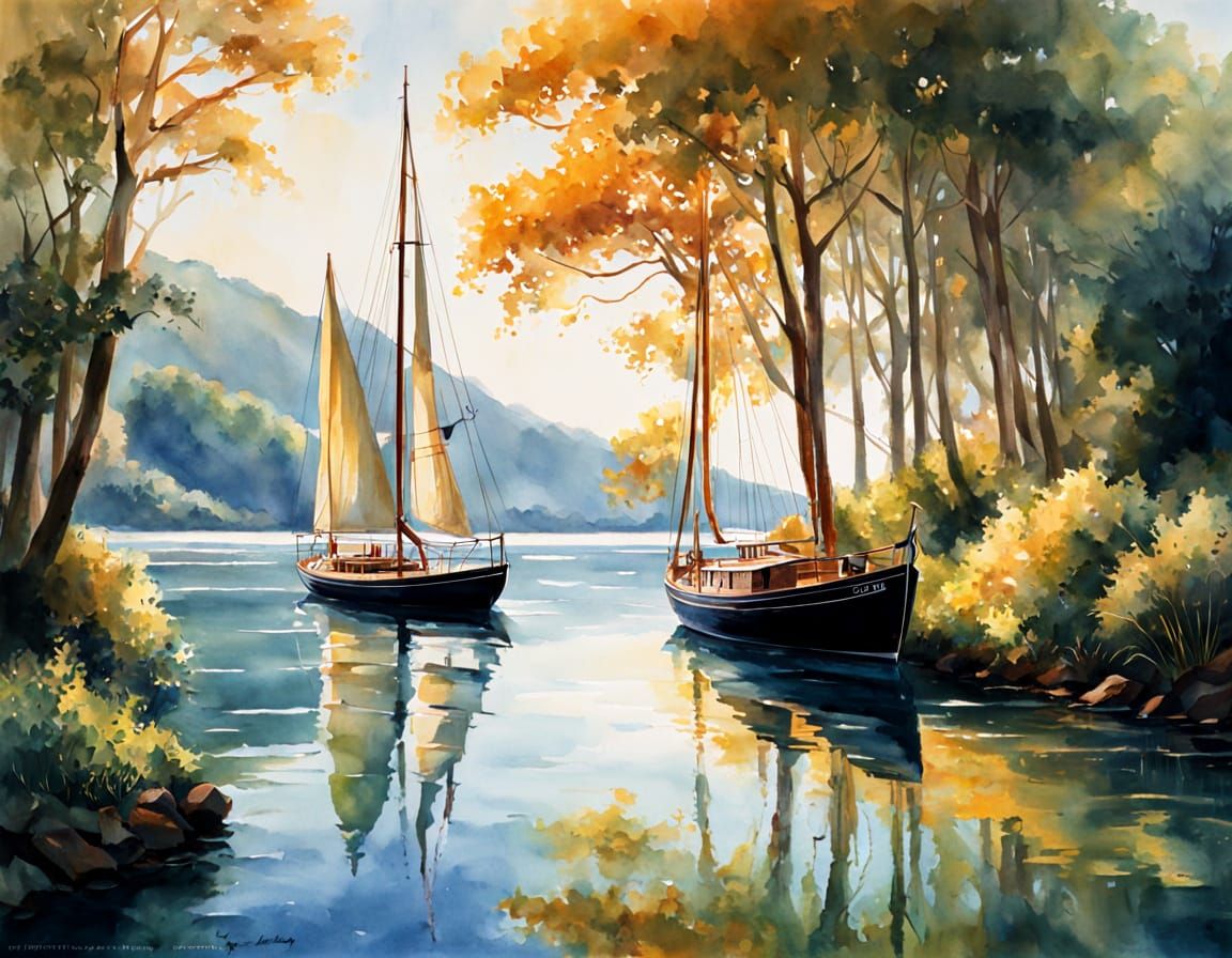 Watercolor Sailing Yacht in Sunny Bay at Golden Hour