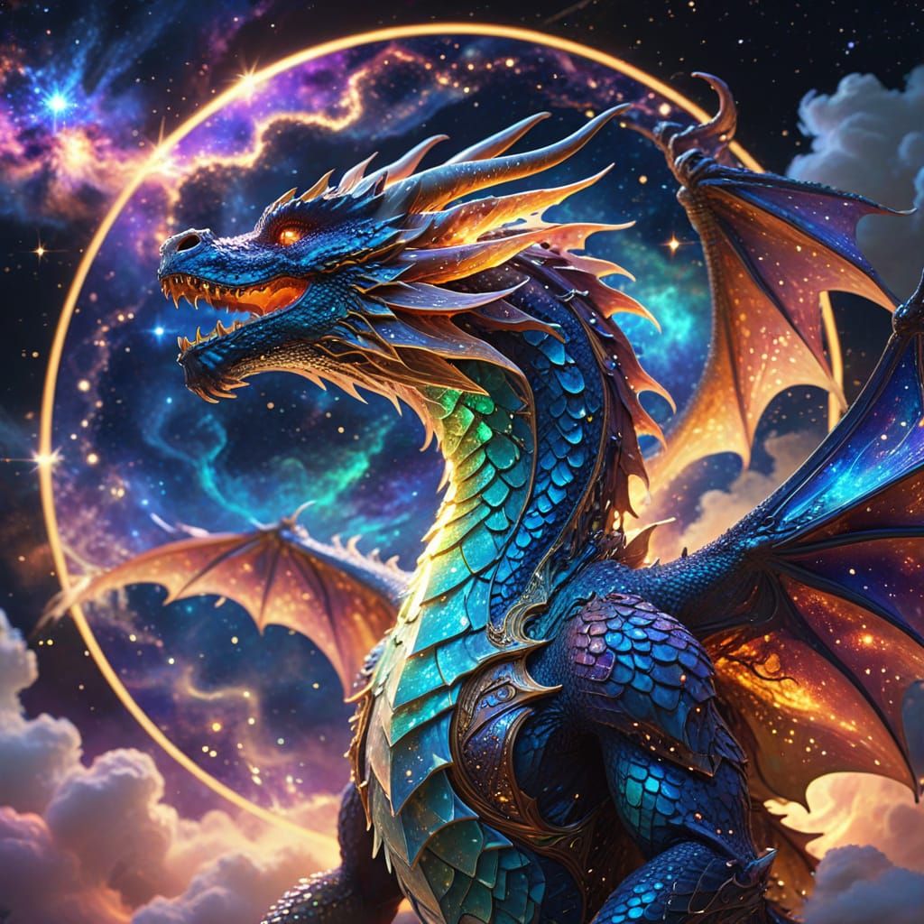 Celestial Dragon Gliding Through Nebula in Art Nouveau