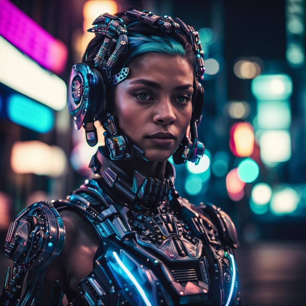 Cyborg Girl Portrait in Neon City, Hyperrealistic