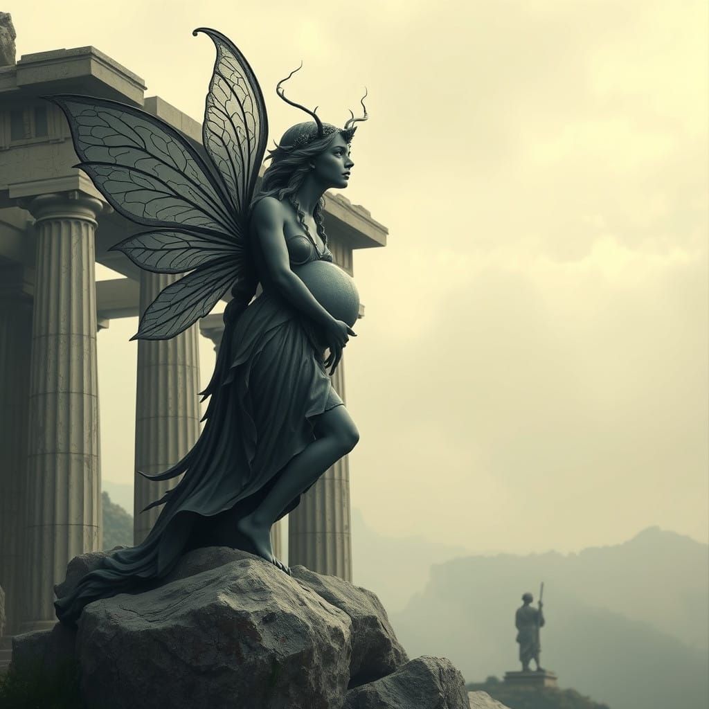 Majestic Weeping Fairy Amidst Ancient Acropolis Ruins in Moo...