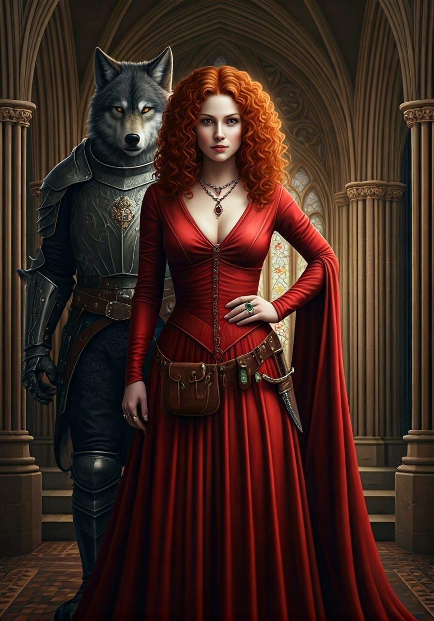 Medieval Warrior Goddess Surrounded by Fierce Werewolf Bodyg...