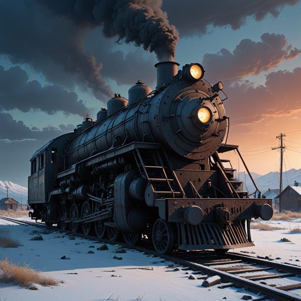 Majestic Abandoned Steam Locomotive in Desolate Snowy Wastel...