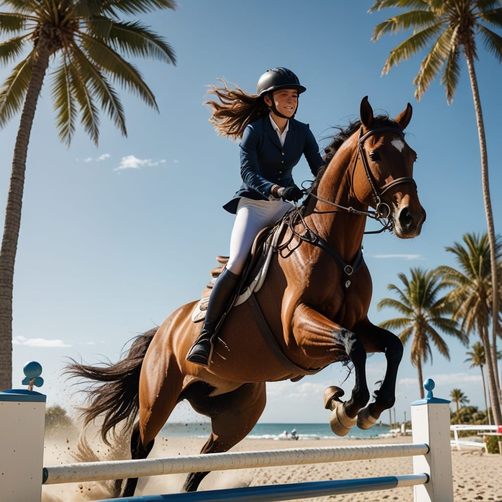 Athletic Woman Jumps Horse on Beach in High-Key Style