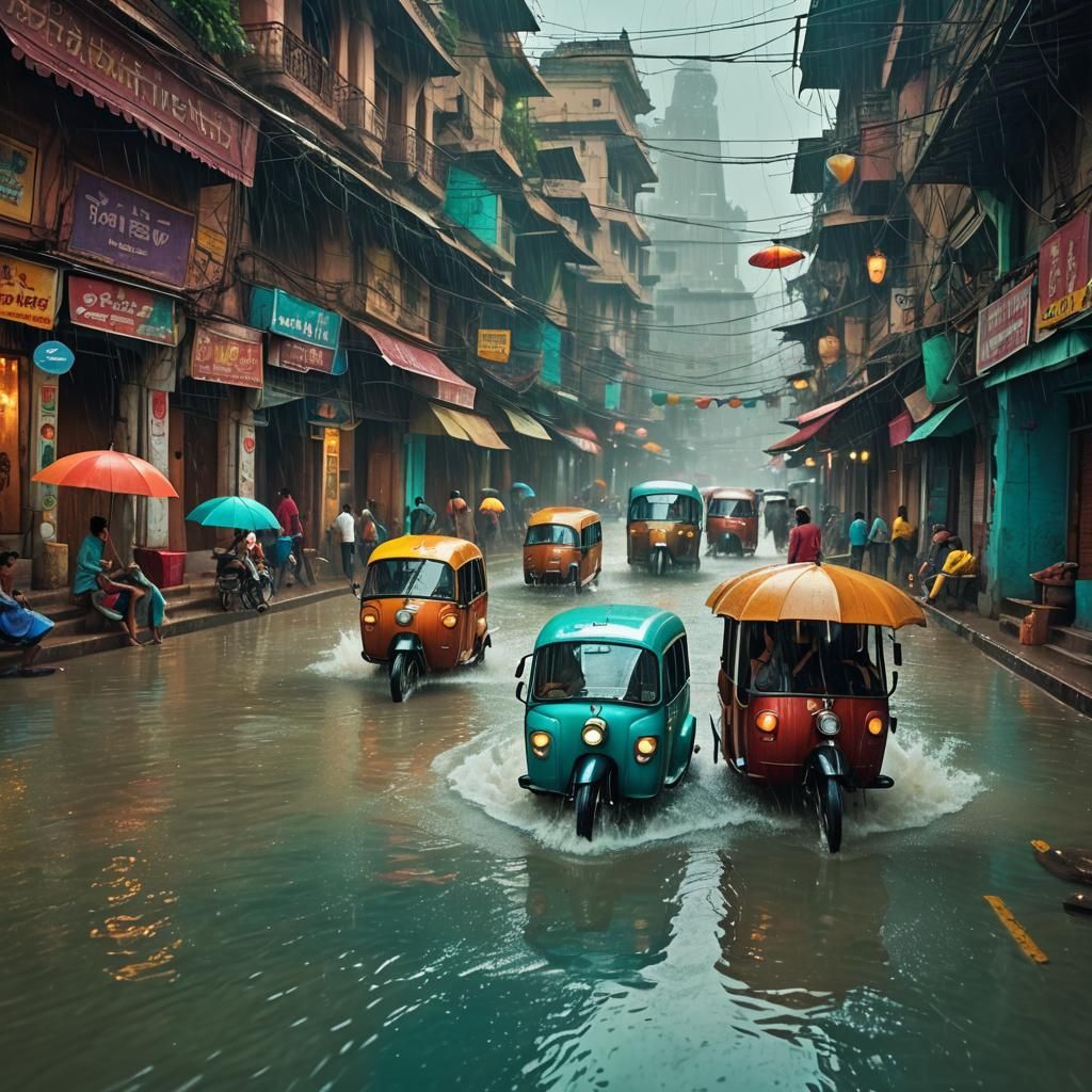 Flooded New Delhi Street Scene in the Rain