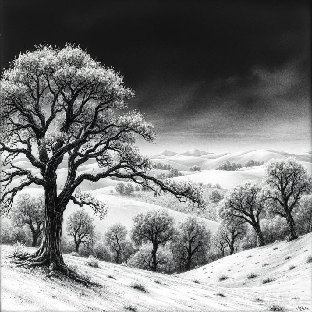 Hyperdetailed Charcoal Landscape with Intricate Trees