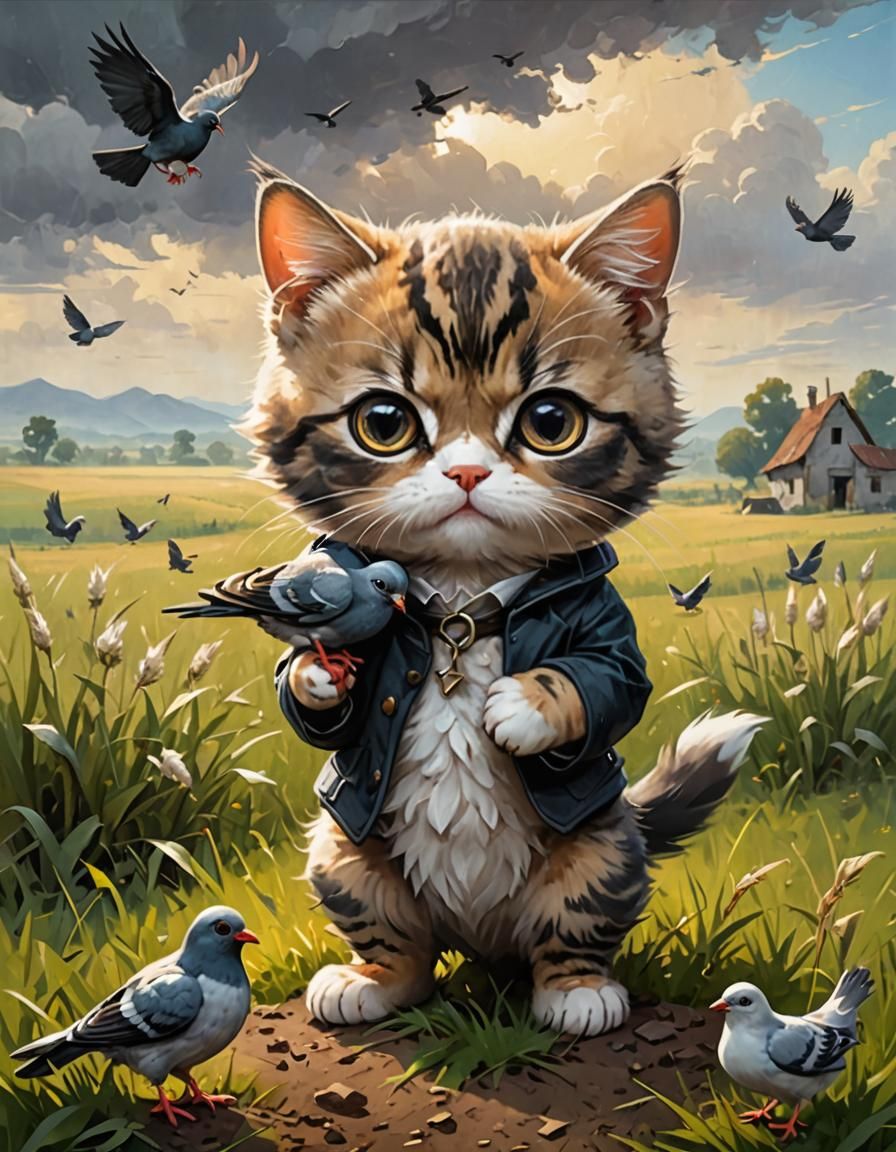 Cat with Bird in the Style of Rafael Santi