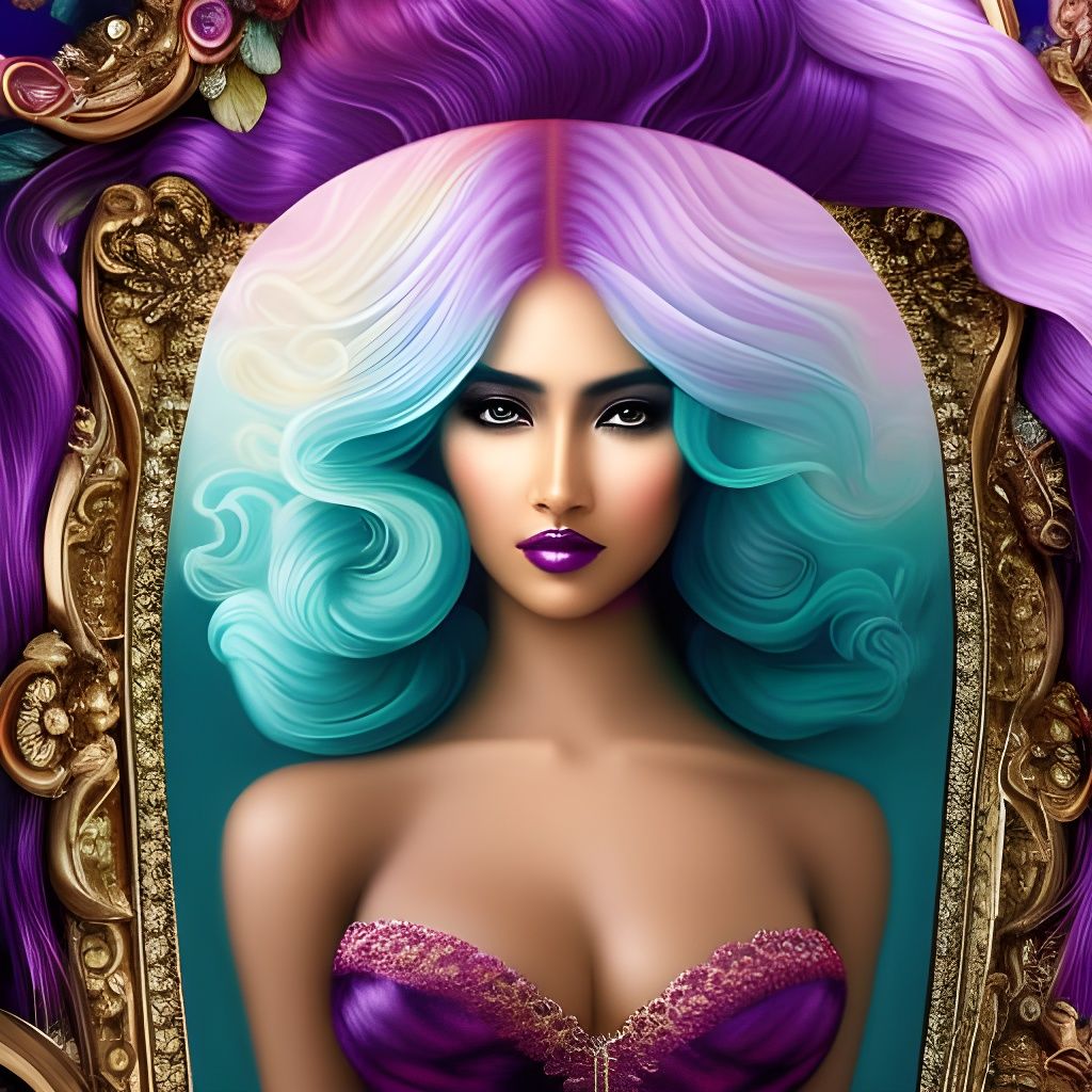 Elegant Hispanic Woman with Purple Hair, Art Nouveau