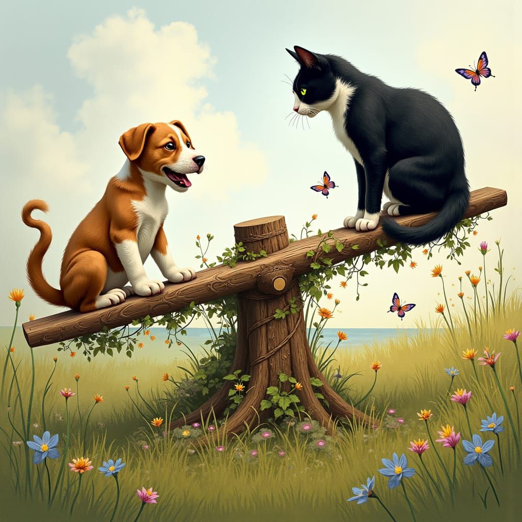 Dog and Cat on Seesaw in Dreamlike Meadow