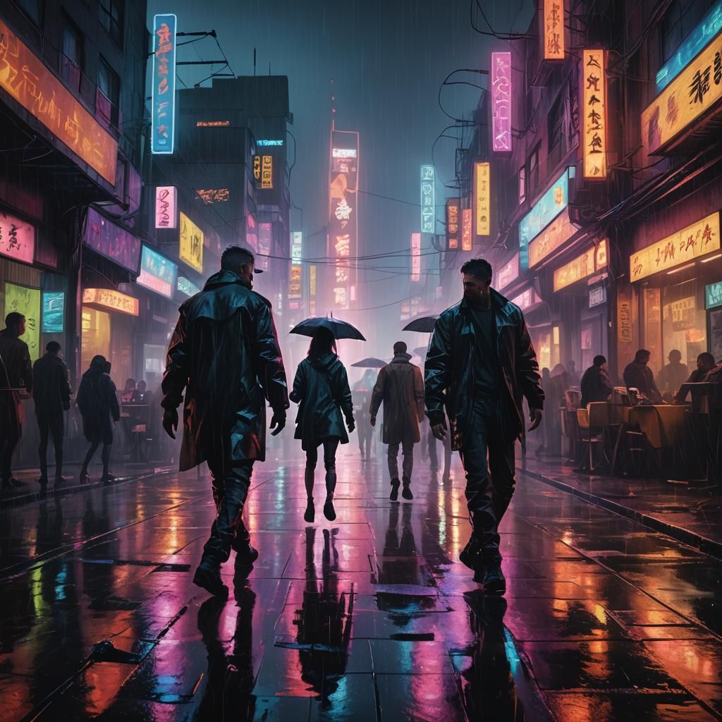 Cyberpunk Cityscape at Dusk in Oil Painting Style