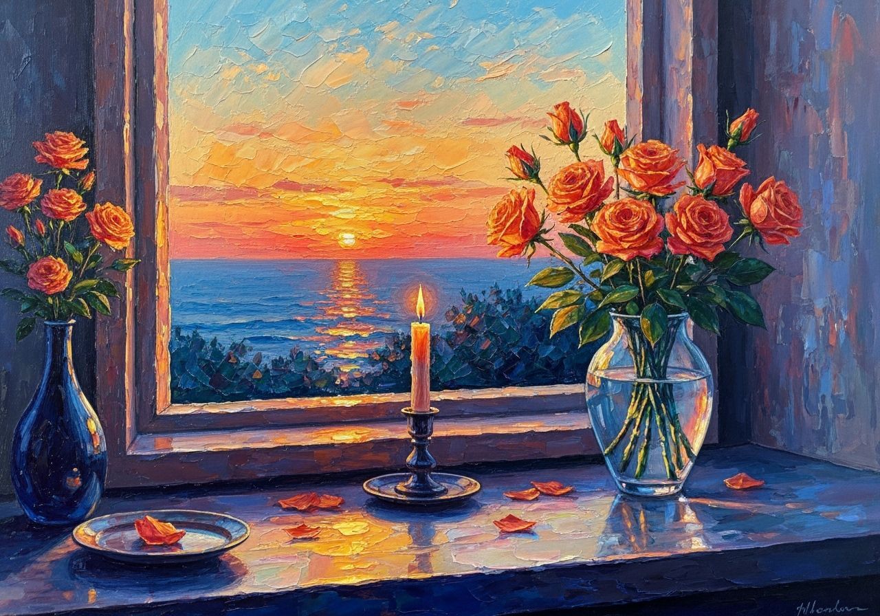 Sunset Window with Roses: Impressionistic Oil Painting
