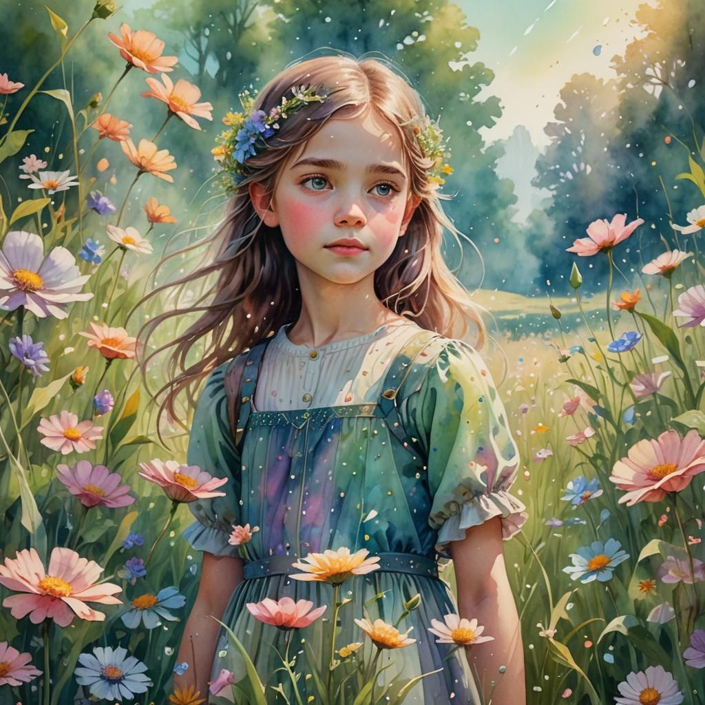 Enchanting Girl in Lush Meadow, Watercolor Art