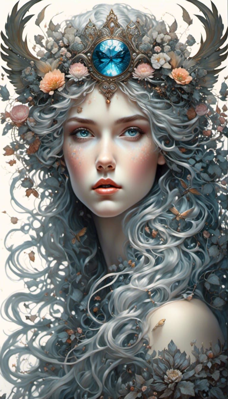 Detailed Graphite Drawing of Valkyrie with Flower Crown