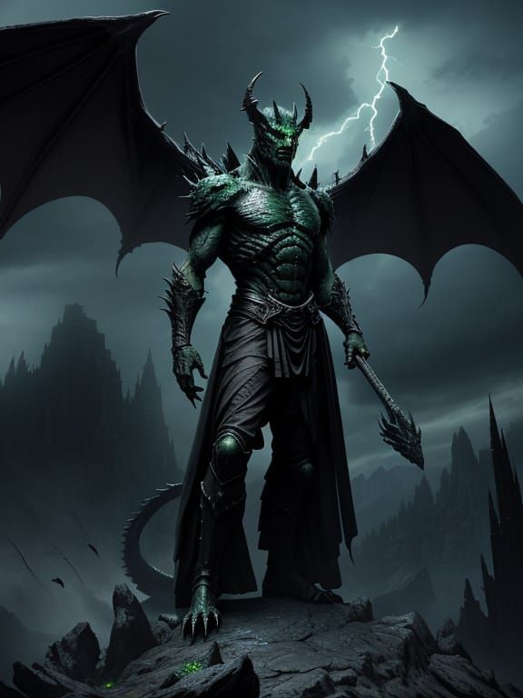 Gothic Dark Fantasy: Ancient Warrior Rides Majestic Bat-Drag...