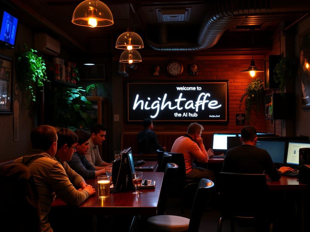 A Cozy Nightcafe Scene with People Using AI-Powered Computer...