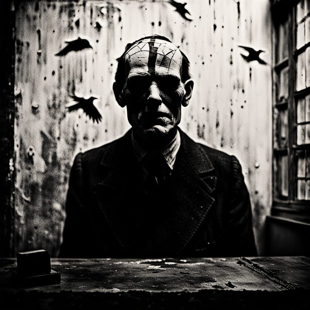 Aged Ventriloquist Dummy's Distressed Face in Foggy Noir Lan...