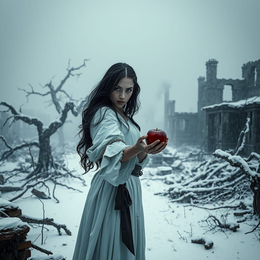 Woman Warrior in Apocalyptic Winter Landscape