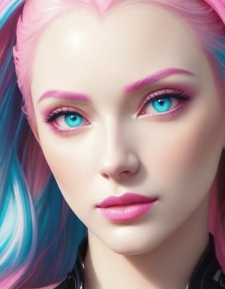 Beautiful young lady with long neon pink hair and blue eyes with neon pink eyeshadow with neon pink eyeliner and neon pi...
