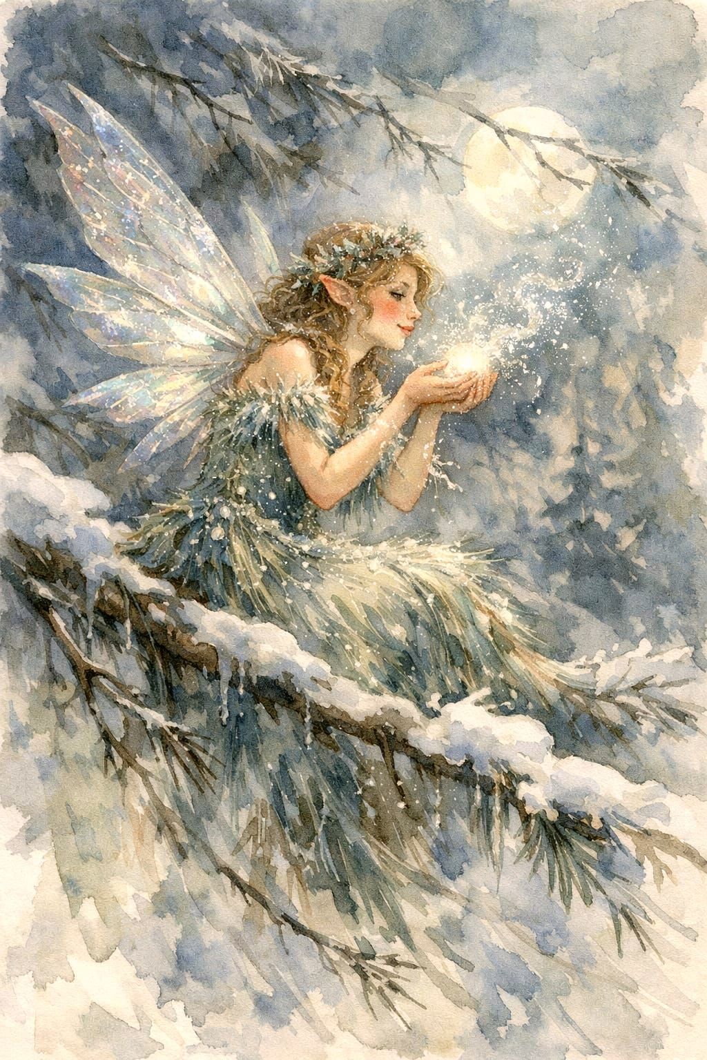 Whimsical Winter Fairy in Starlight Watercolor