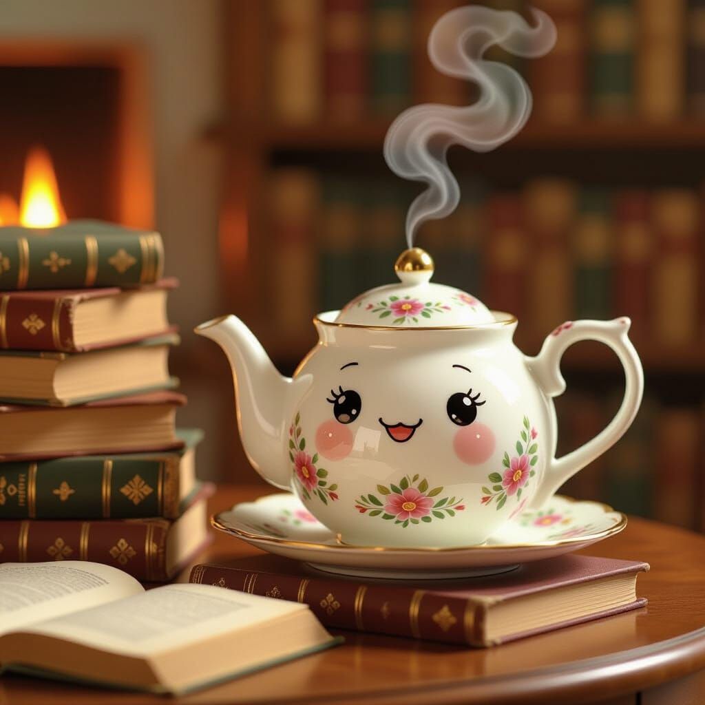 Whimsical Teapot Beside Antique Books in Ghibli Style