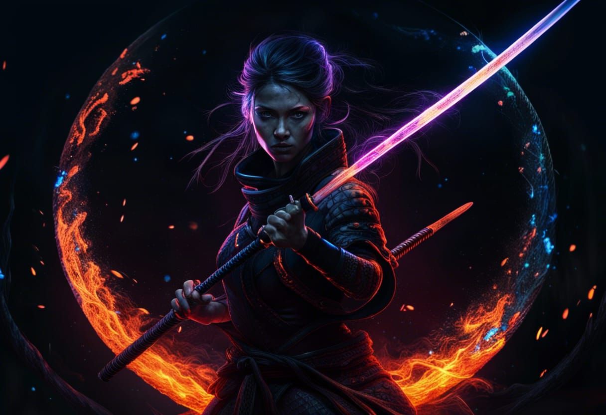 Ethereal Ninja Woman with Fire Katana