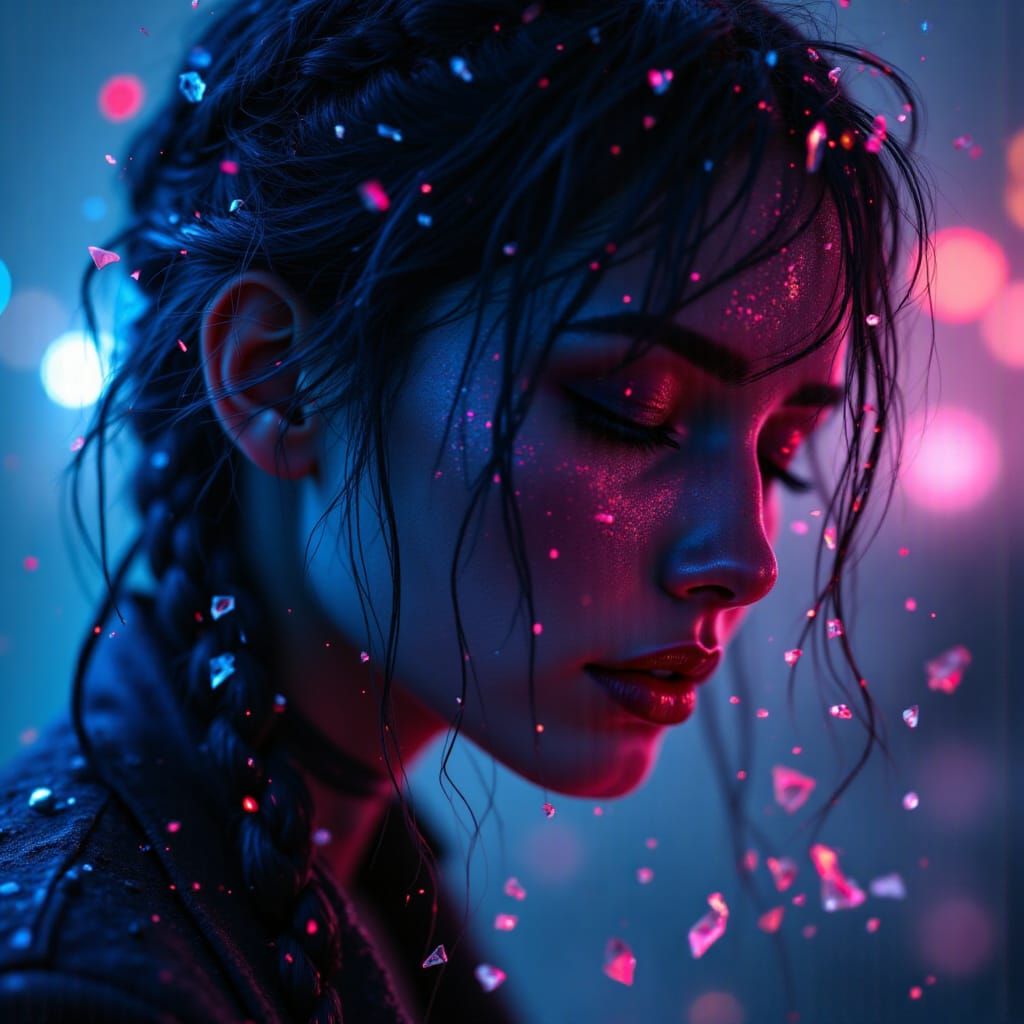 Crystalline Woman in Neon Noir Rain