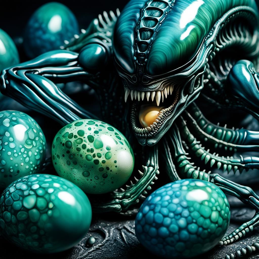 Surreal Xenomorph Brooding Eggs: Biomechanical Oil Painting