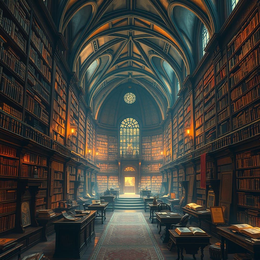 Majestic Magical Library with Golden Light