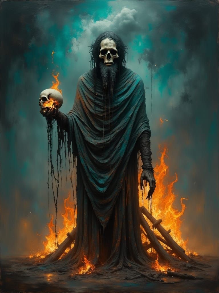 sorcerer in front of a burning pyre