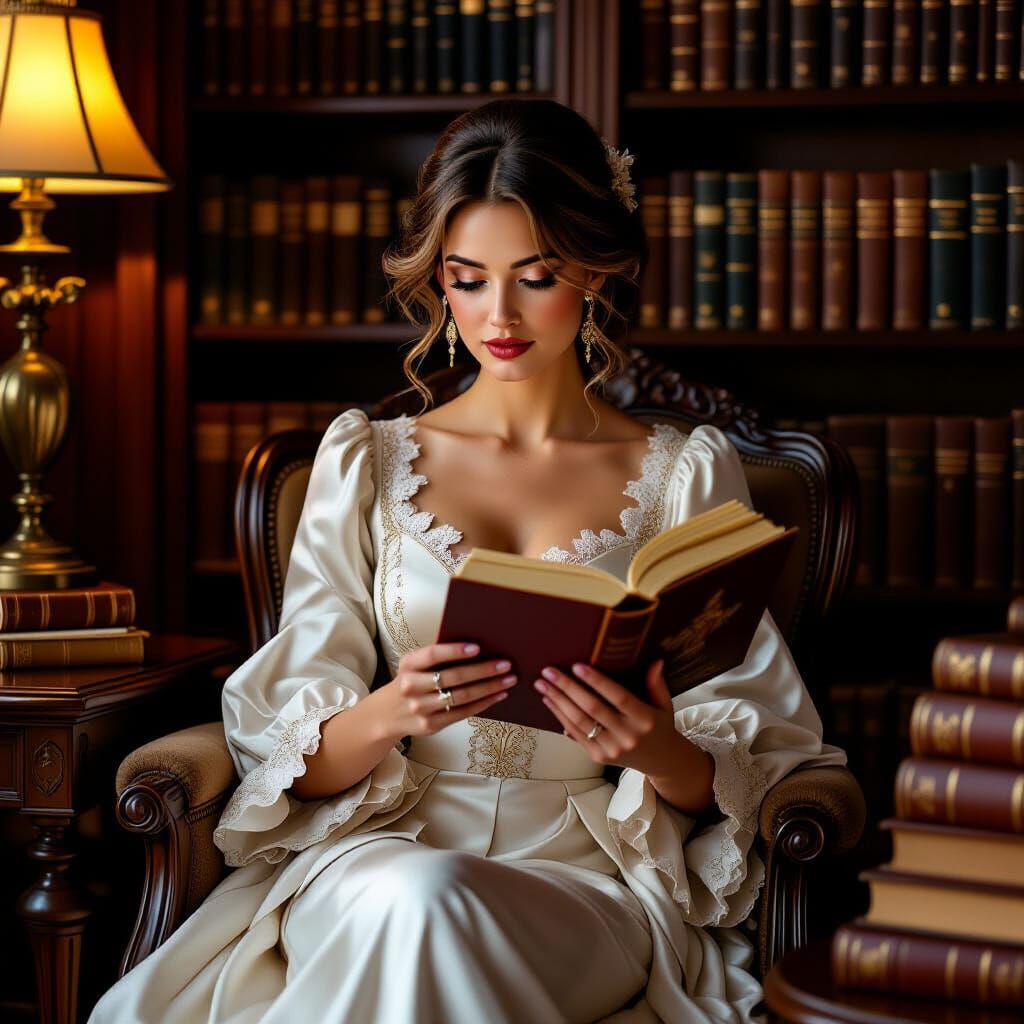 Woman Reading in Library Inspired by Romantic Art
