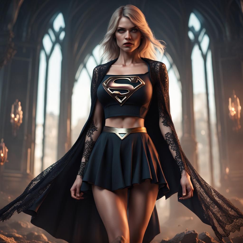 Evil Supergirl in Black Lace: Detailed Fantasy Art