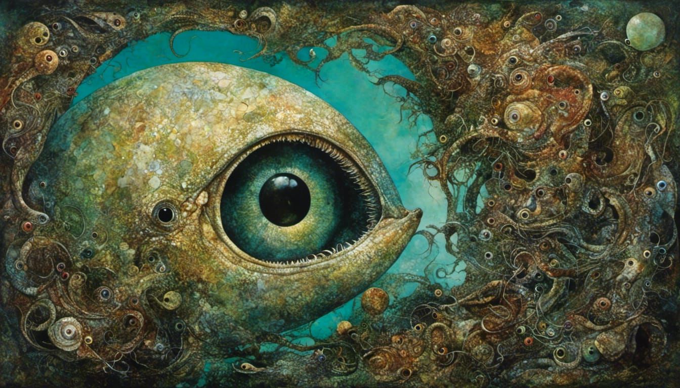 Surreal Eyeball Confronts Eel in Heavy Metal Ocean