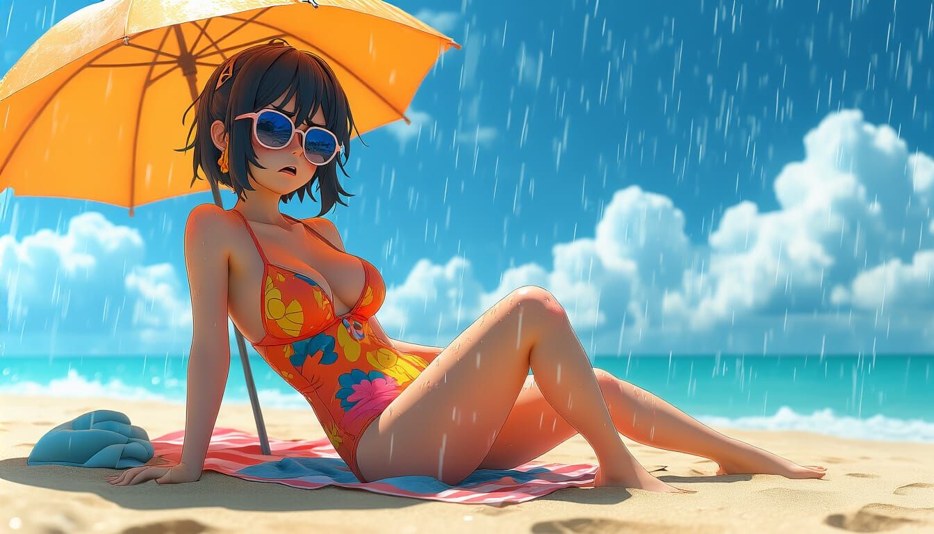 Frustrated Woman on Beach in Anime Style