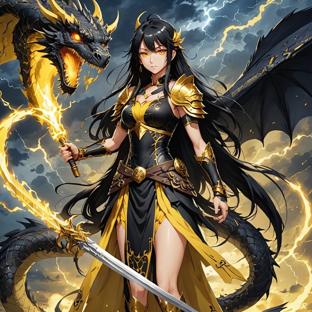 Anime Warrior Woman with Dragon Dress and Falcon