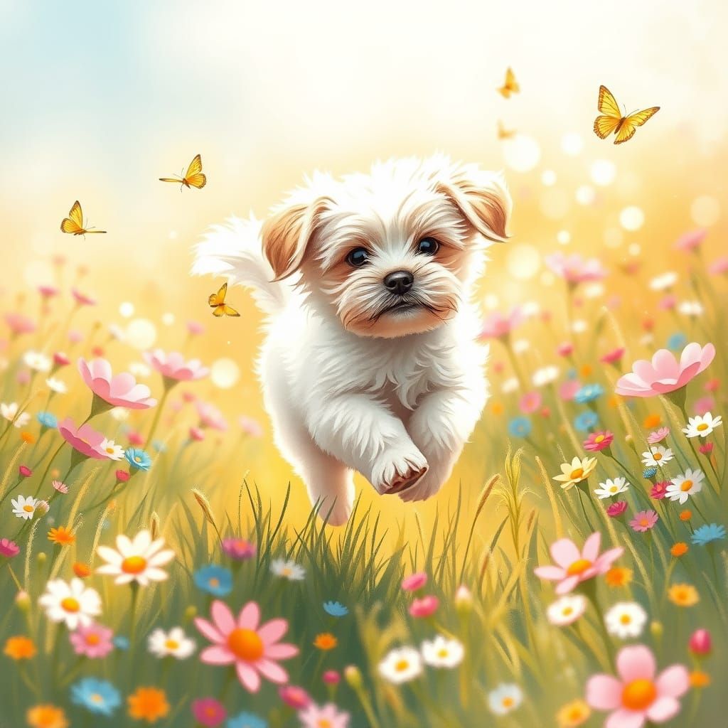 Whimsical Havanese Puppy Plays Among Wildflowers in a Painte...