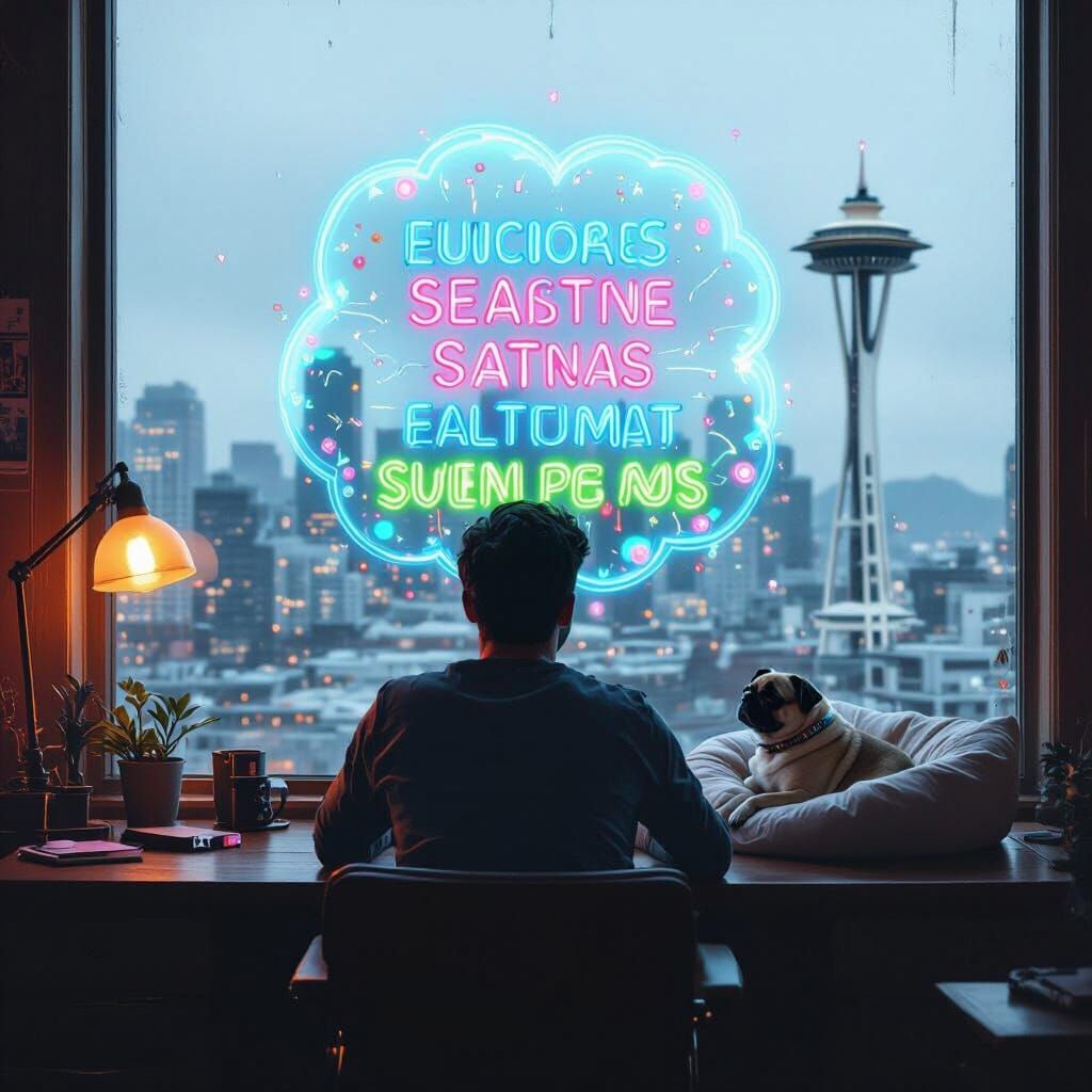 Seattle Skyline Portrait with Pug, in Psychedelic Style
