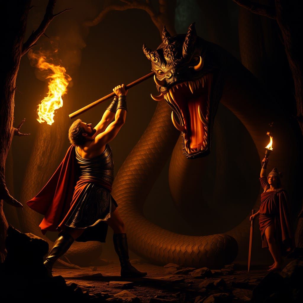 Heroic Heracles Defeats Hydra in Dark Forest, Iolaus by His ...