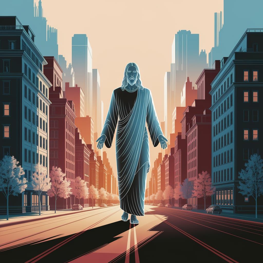 Jesus Walks: Colossal Figure in City Dawn Illustration