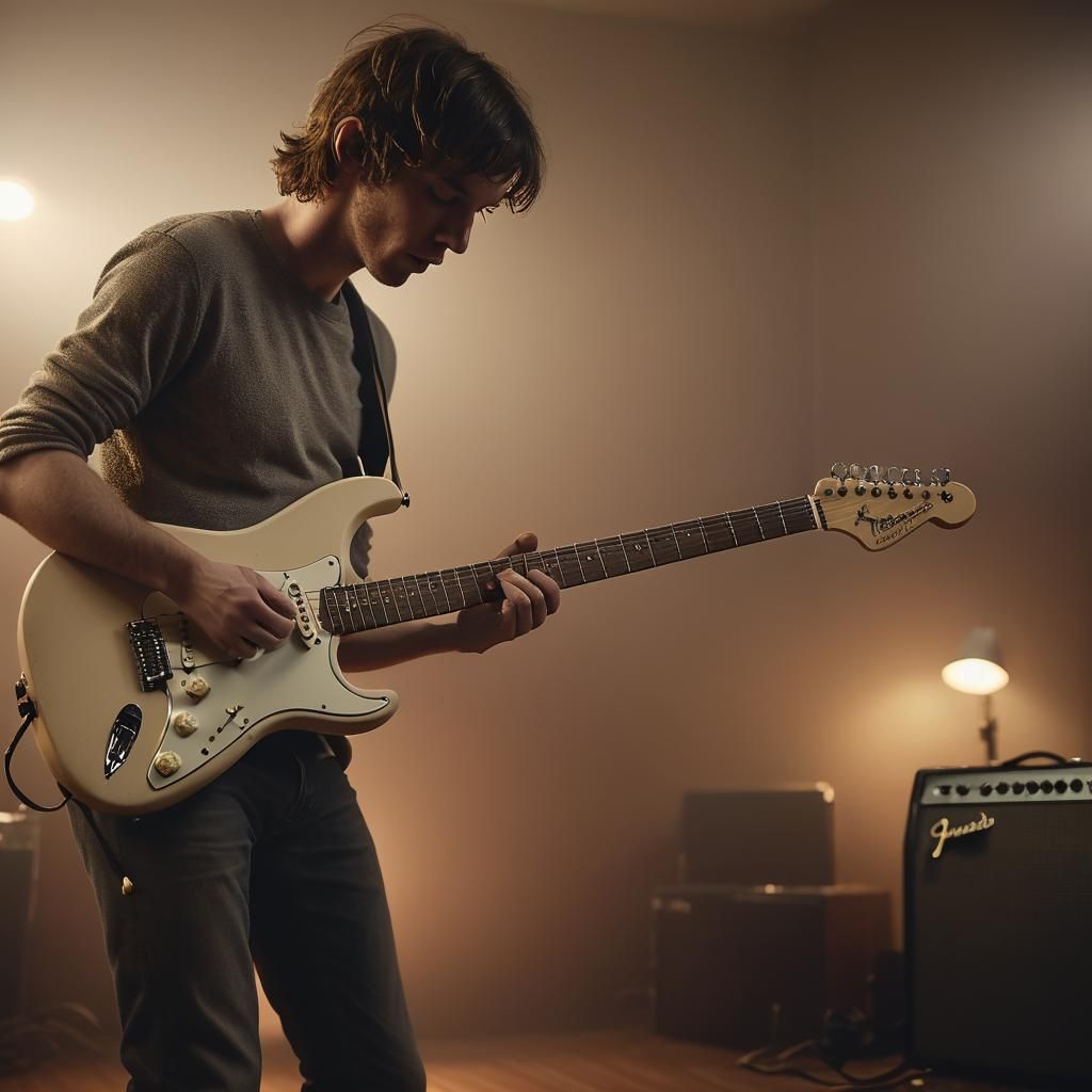 Man Plays Stratocaster in Dimly Lit Room