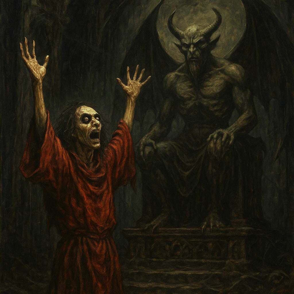 Haunting Dark Fantasy Scene with Demonic Statue