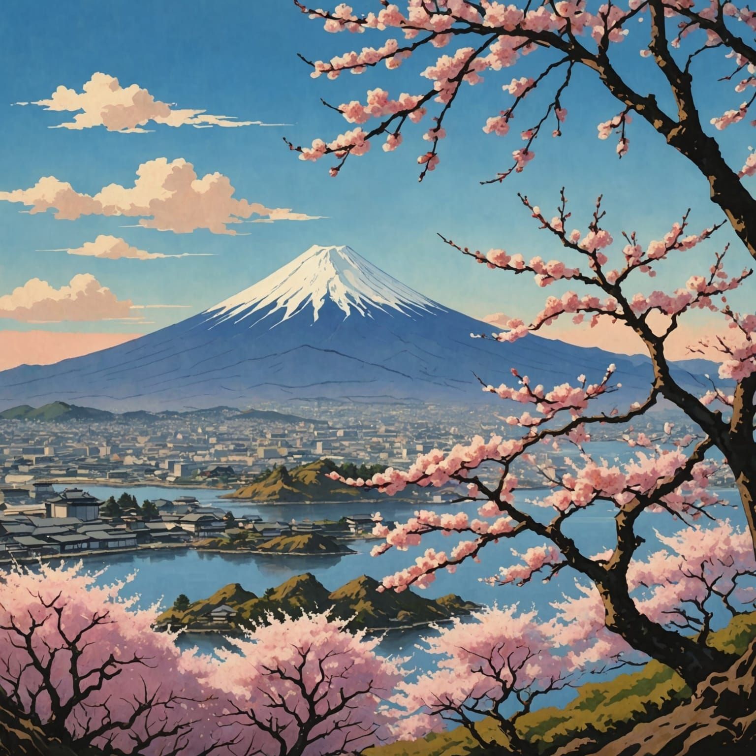 Mount Fuji Peach Blossoms in Ukiyo-e Style