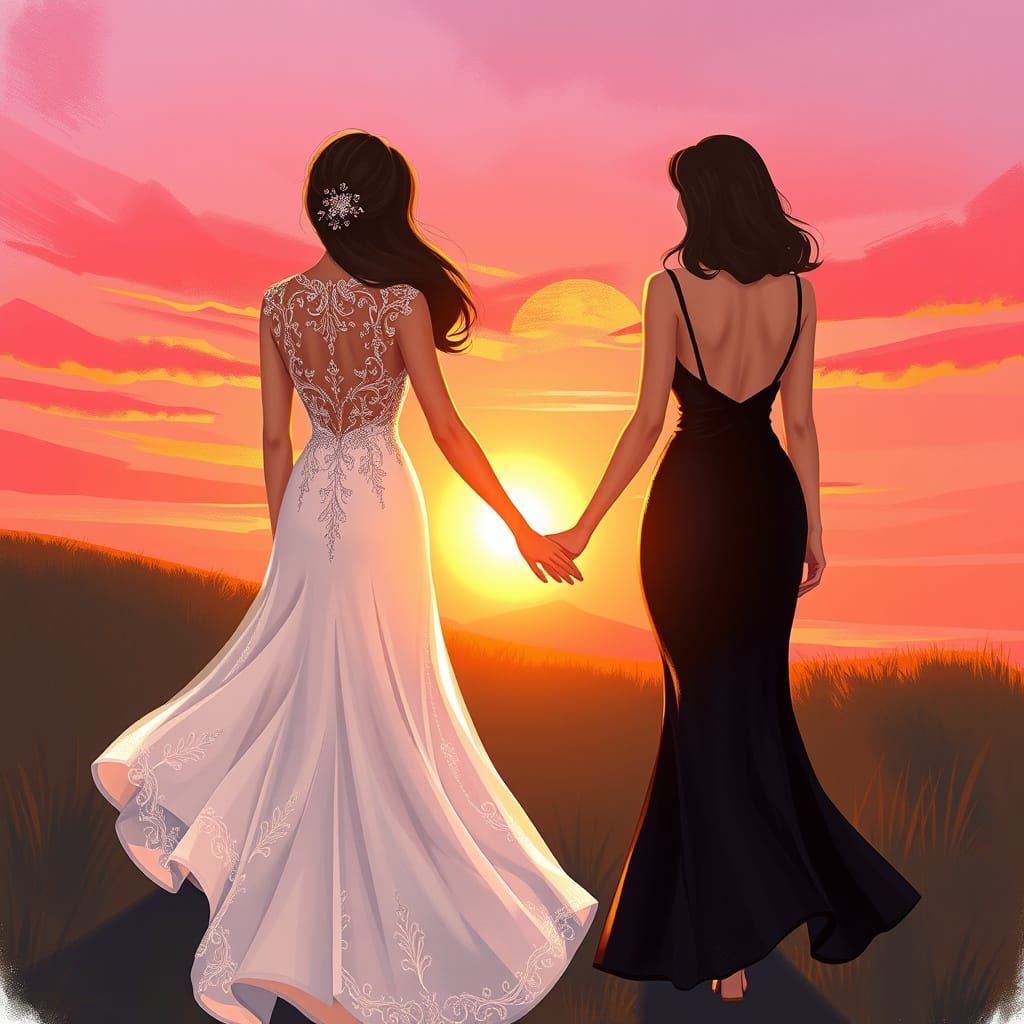 Women Walking Hand in Hand into Sunset Glow