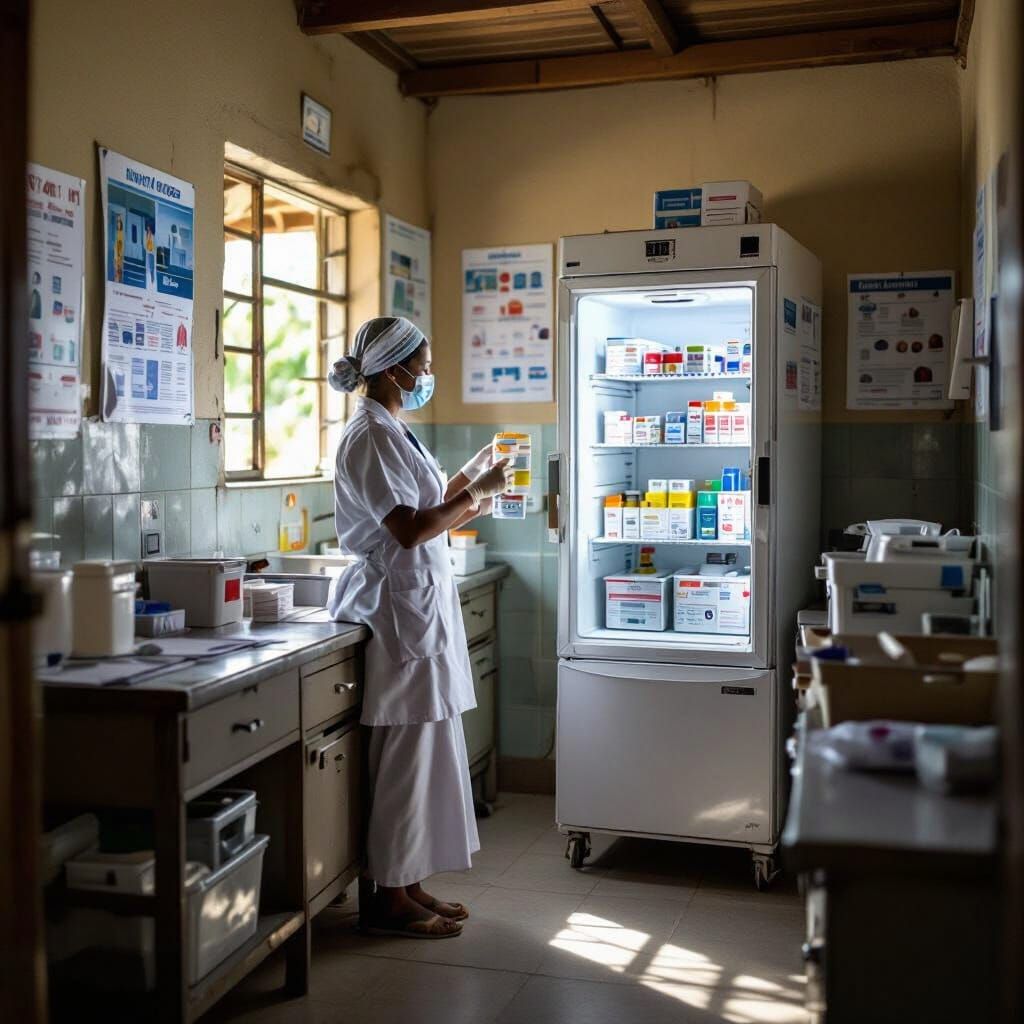 Nurse Stores Vaccines in Solar Fridge, Futuristic Realism