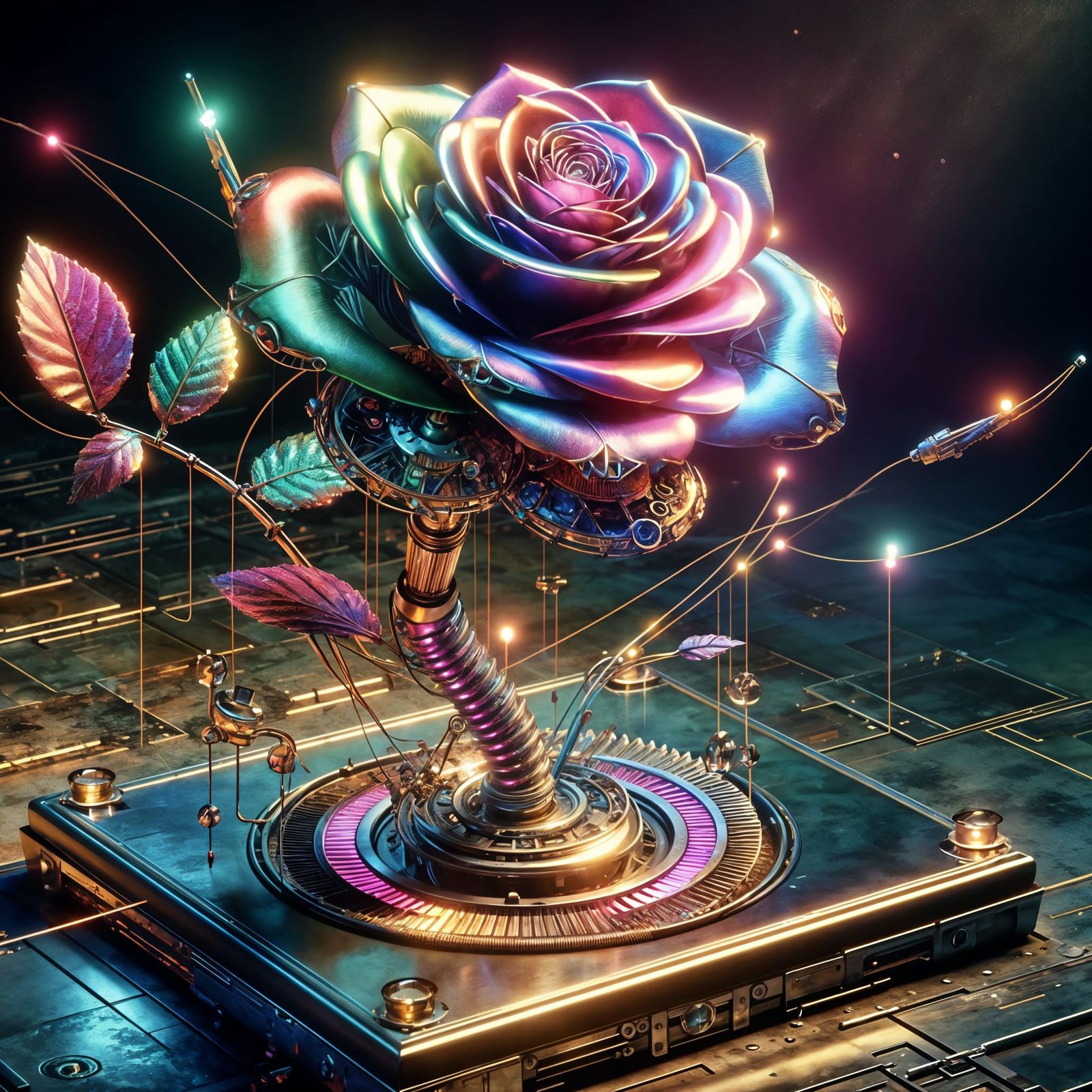 Luminous Cybernetic Rose on Industrial Table