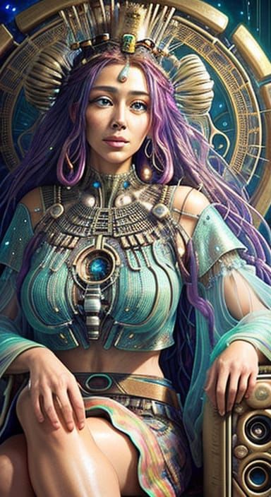 Biopunk Hippie Queen on Earthenware Throne