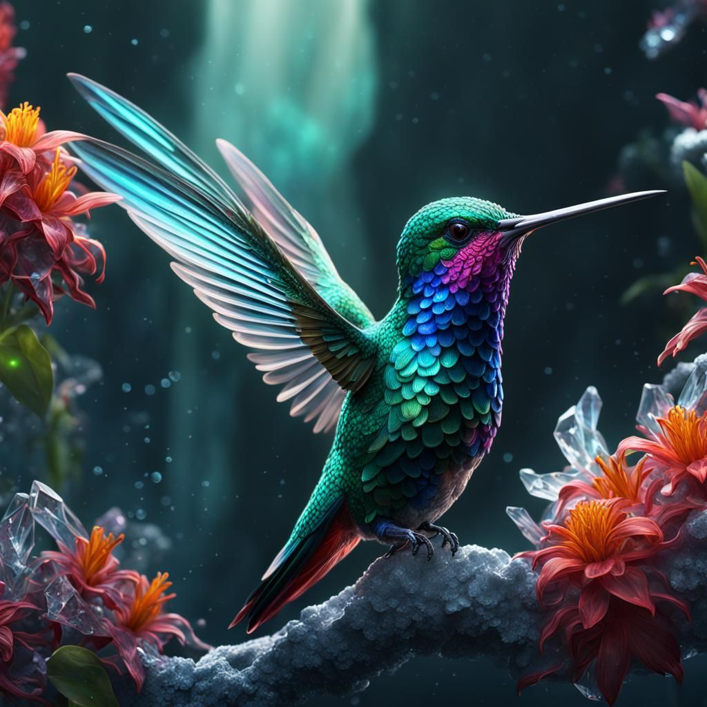 Crystal Hummingbird: Detailed Fantasy Art in Deep Color
