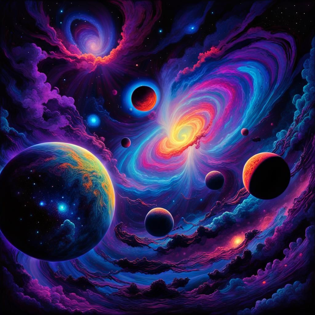 Vibrant Galaxy in Black Light Art Style