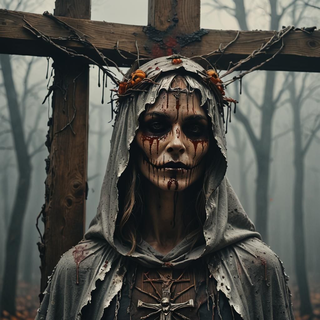 Crucified Woman with Jack-o'-Lantern Helmet