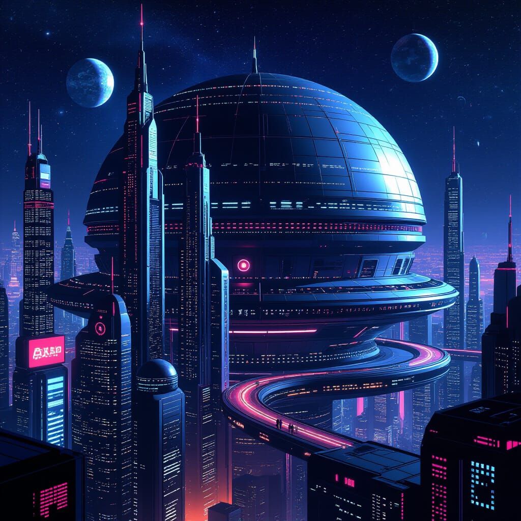 Futuristic Domed City in Space with Neon Lights